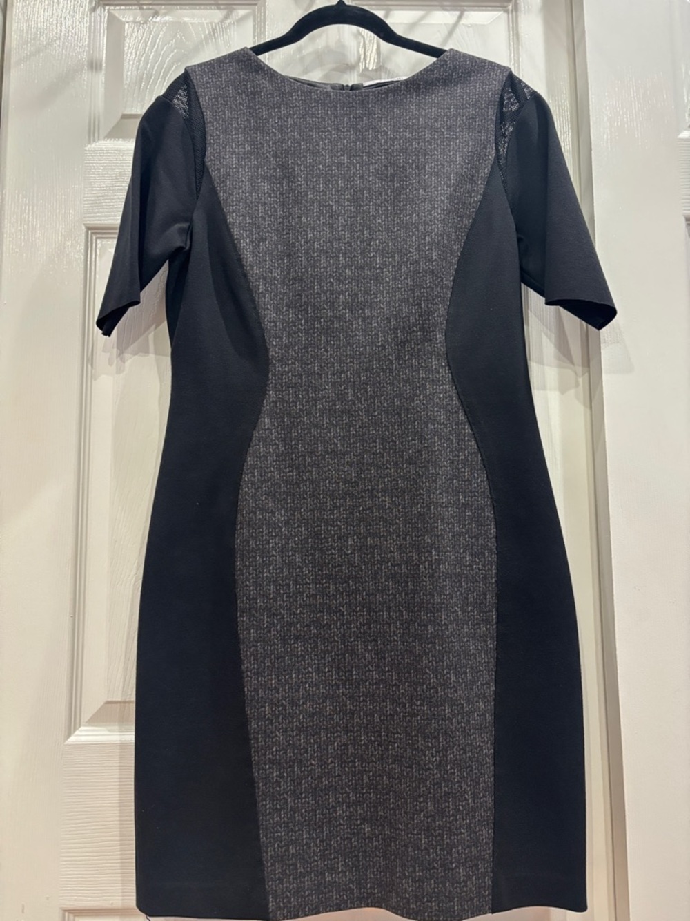 T Tahari Black and Gray Paneled Midi Sheath Dress